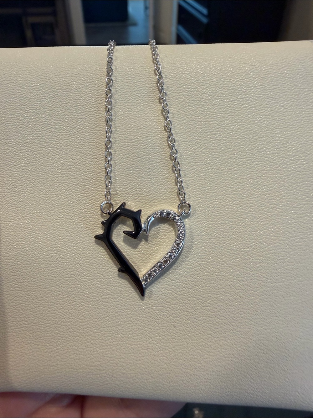 Black and Silver Heart Pendant Necklace with Crystals